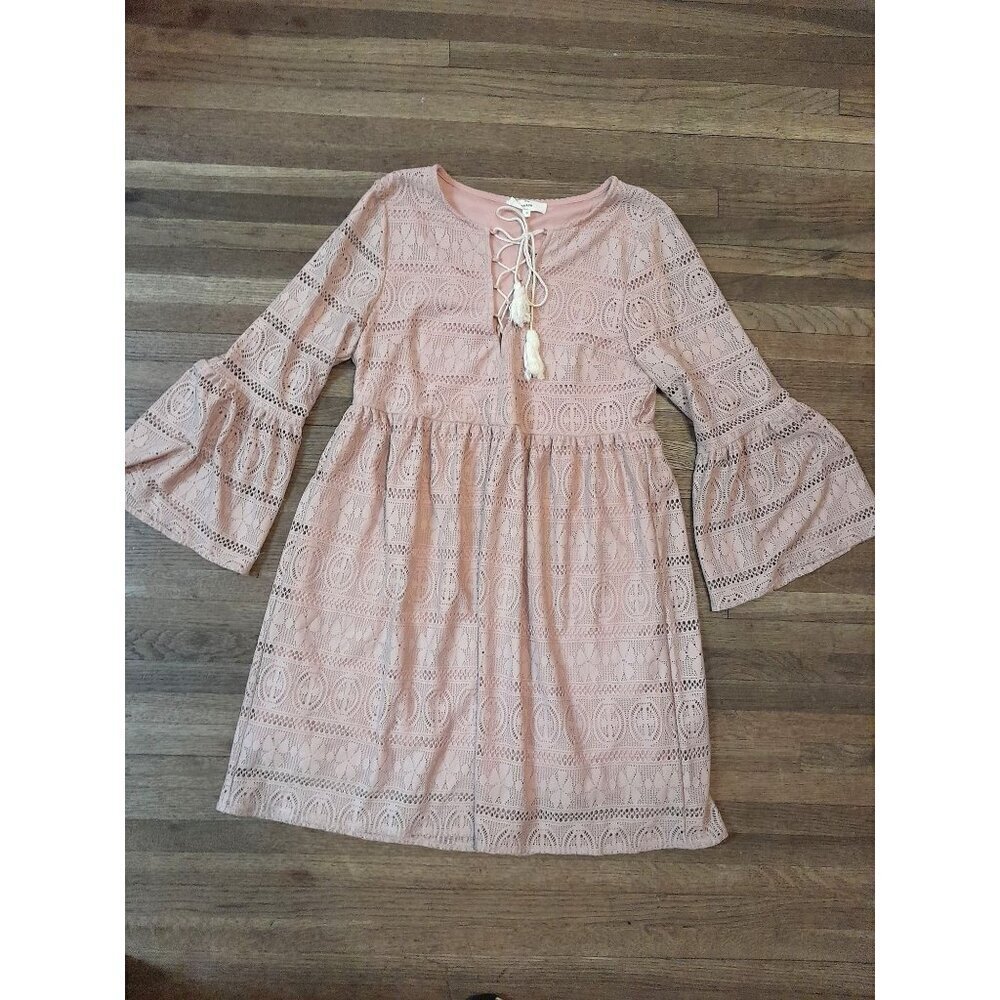 Crochet Lace Front Bell Sleeve Boho Mini Dress Dusty Rose Size S
